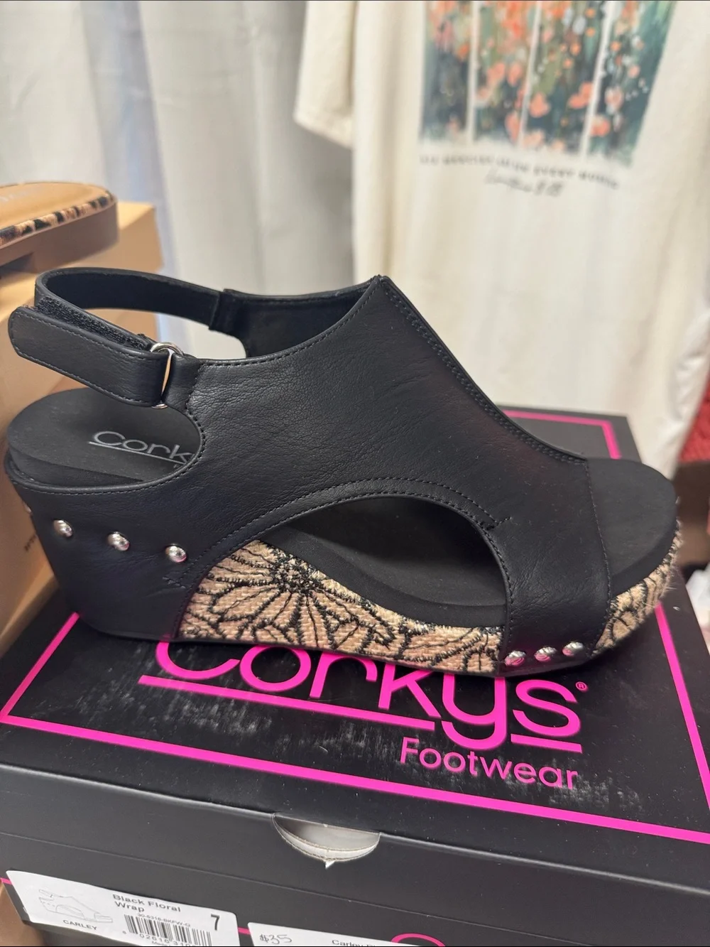 Corkys Black Wedge Sandal with Floral Patterned Platform